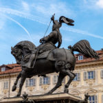 This statue of Emannuel Phibert of Savoy is lovated in Piazza San Carlo in Turin, Italy